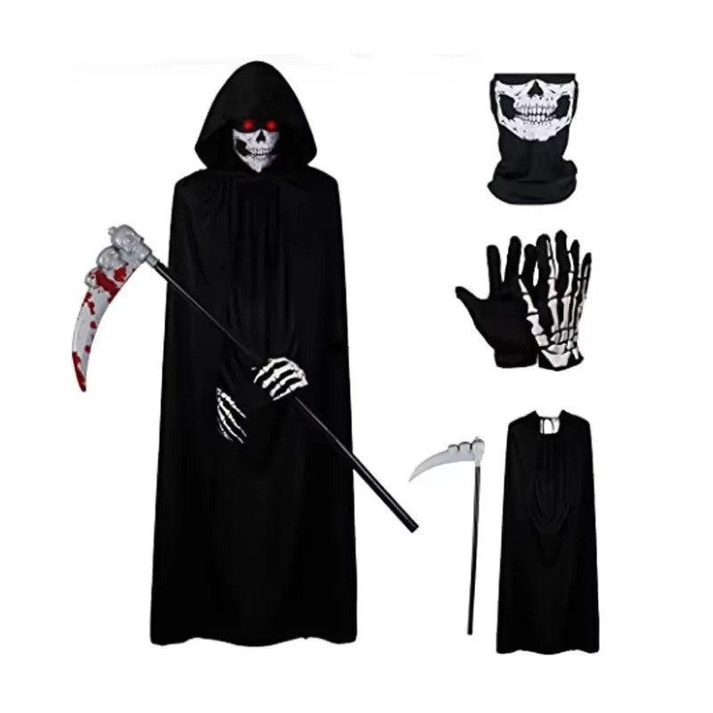 2026 Halloween Party Role Playing Children Adult Death Black Cloak Halloween Skull Ball Costume Prop Set Holiday Gift