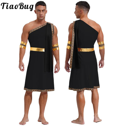 Mens Ancient Greek Toga Roman King Prince Cosplay Costume Halloween One Shoulder Embroidered Robe Dress Theme Party Outfits