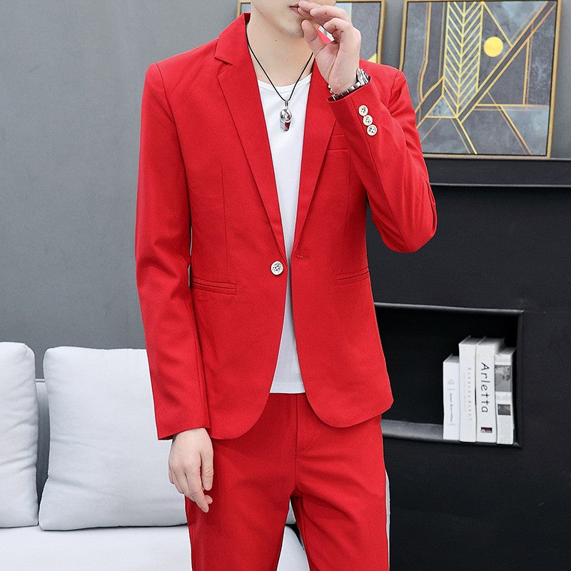 Men's Slim Fit Two-Piece Set Korean Style Spring Autumn Casual Trend British Hair Stylist Fashion Suit plus Trousers