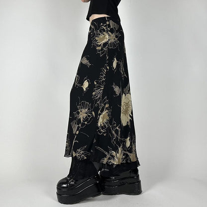 Goth Dark Y2K Aestheics Double Layer Mesh A-line Skirt Women Fashion Florals Pri
