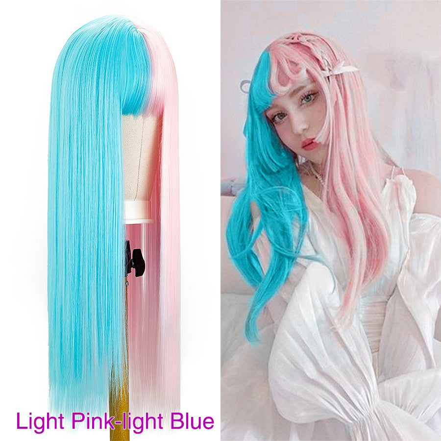 Green And Black Lolita Cosplay Wig Straight Wigs With Bangs Synthetic Heat Resistant Two Tone Wigs Black & Pink Split Color Wig