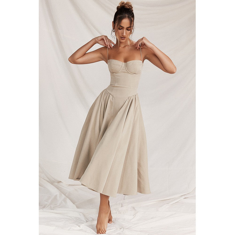 Summer Women Elegant Sleeveless Backless Pleated Dresses Lady Sexy Solid Sling M