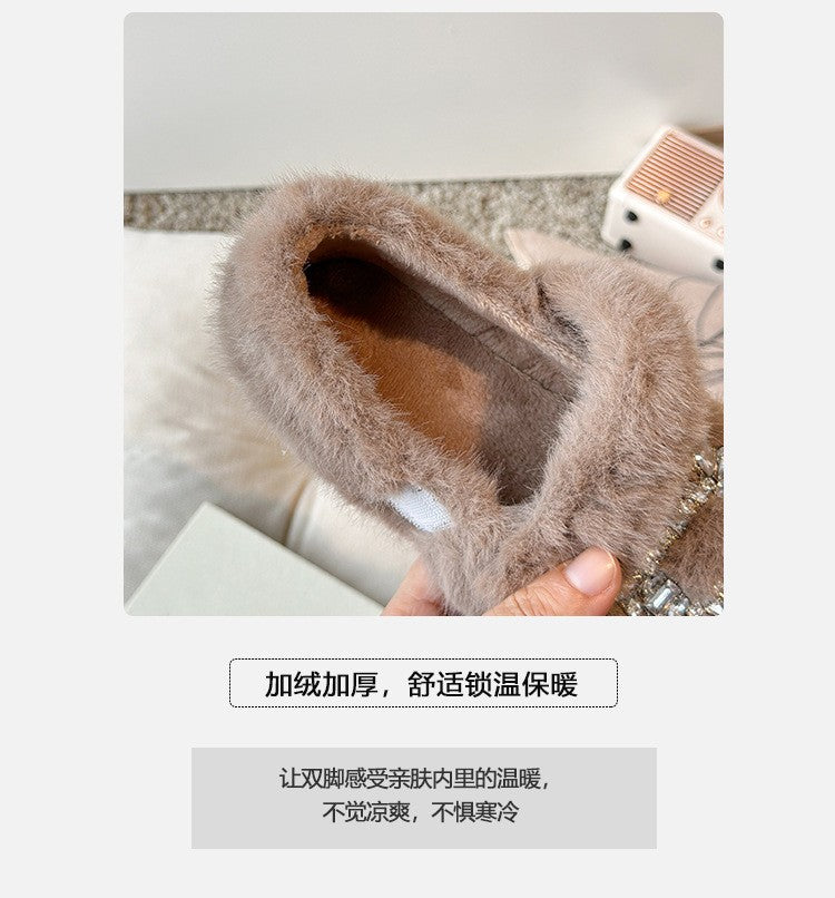 2025 Autumn Winter Children Warm Fur Shoes Fashion Rhinestone Moccasins Flats Outwear Girls Shoes Khaki, Beige, White