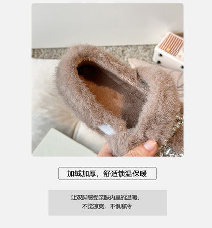 2025 Autumn Winter Children Warm Fur Shoes Fashion Rhinestone Moccasins Flats Outwear Girls Shoes Khaki, Beige, White