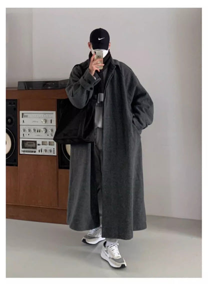Mauroicardi Autumn Winter Long Warm Grey Black Slouchy Woolen Coat Men Single Breasted Loose Casual Wool Blends Overcoat 2023