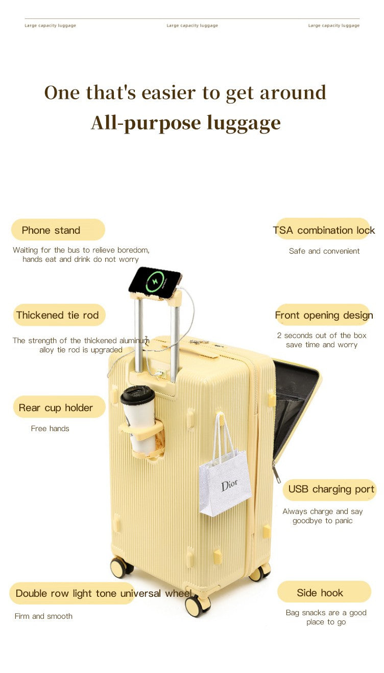 sushimu Suitcase Wide Handle Travel Suitcase Men 20 24 26 Carry-On Luggage Women PC Aluminum Frame Trolley Case