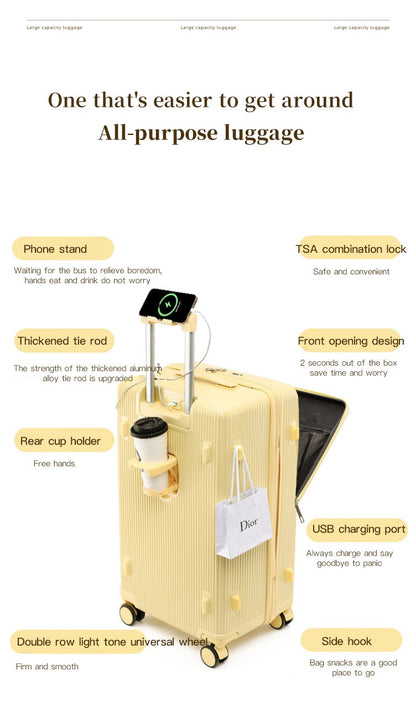 sushimu Suitcase Wide Handle Travel Suitcase Men 20 24 26 Carry-On Luggage Women PC Aluminum Frame Trolley Case