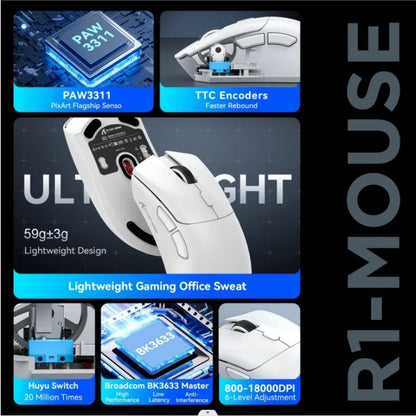 Mouse Bluetooth Attack Shark R1 e Grip Tape, Mouse Viral Avaliado por Influenciadores PAW3311 1K HZ Mouse Gamer com Macro para pad/pc