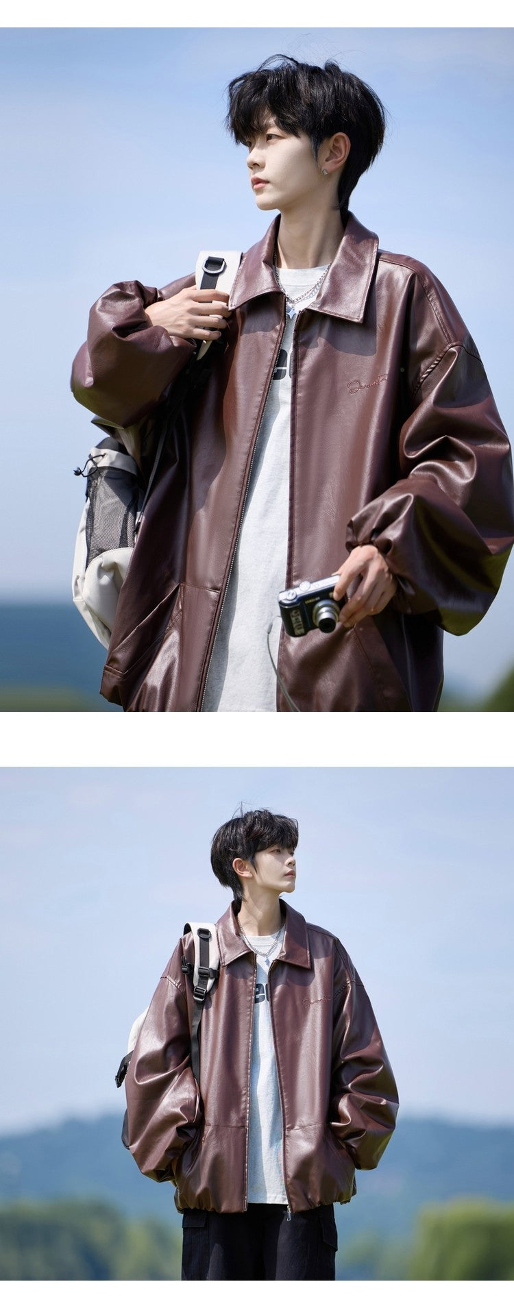 Trend Men's Faux Leather Jacket Autumn Winter Fashionable Solid Color Standing collar PU Leather Biker Jacket Handsome Men Coat