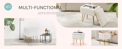 JHK Faux Fur Living Room Hidden Storage Stools & Ottomans Padded Makeup with 4 Metal Legs Anti-Slip Adjustable Feet for Home