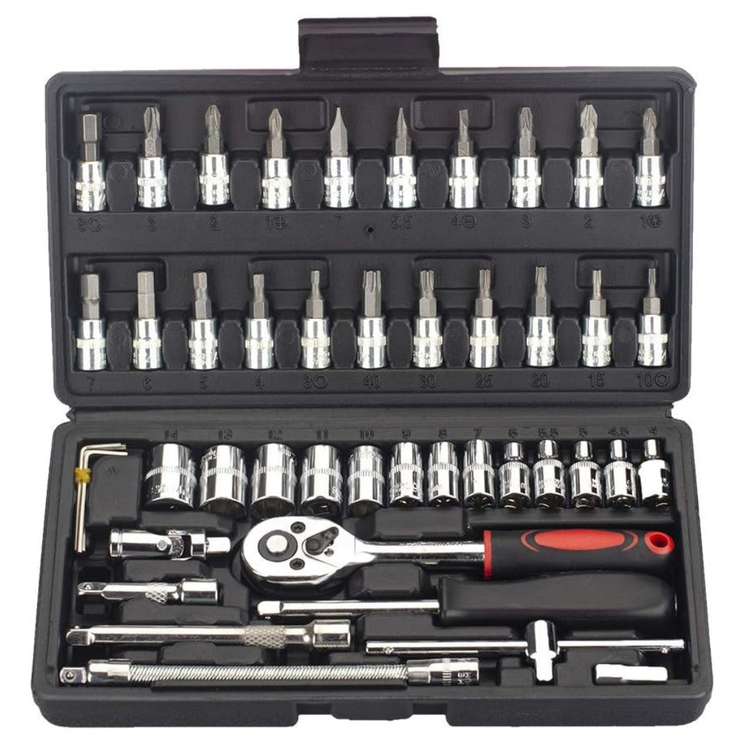 Conjunto de Soquetes de 46 Peças com Encaixe de 1/4", Chave Catraca Métrica com Soquetes CR-V de 4-14mm, Kits de Ferramentas Mecânicas para Reparo Automotivo Doméstico