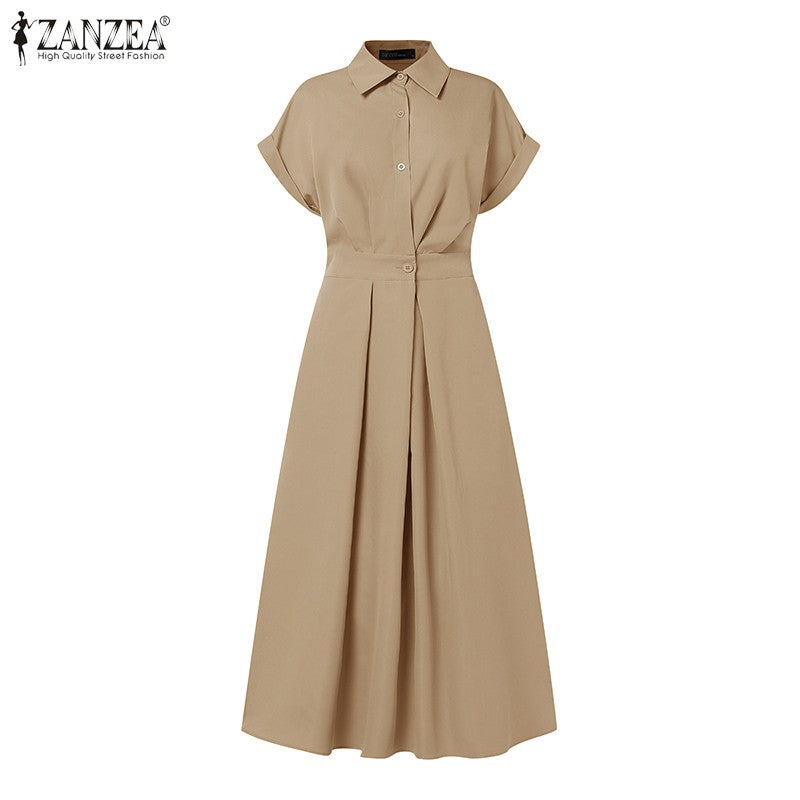 ZANZEA Women Fashion Summer Shirt Dress 2025 Elegant High Waist Short Sleeve Mid