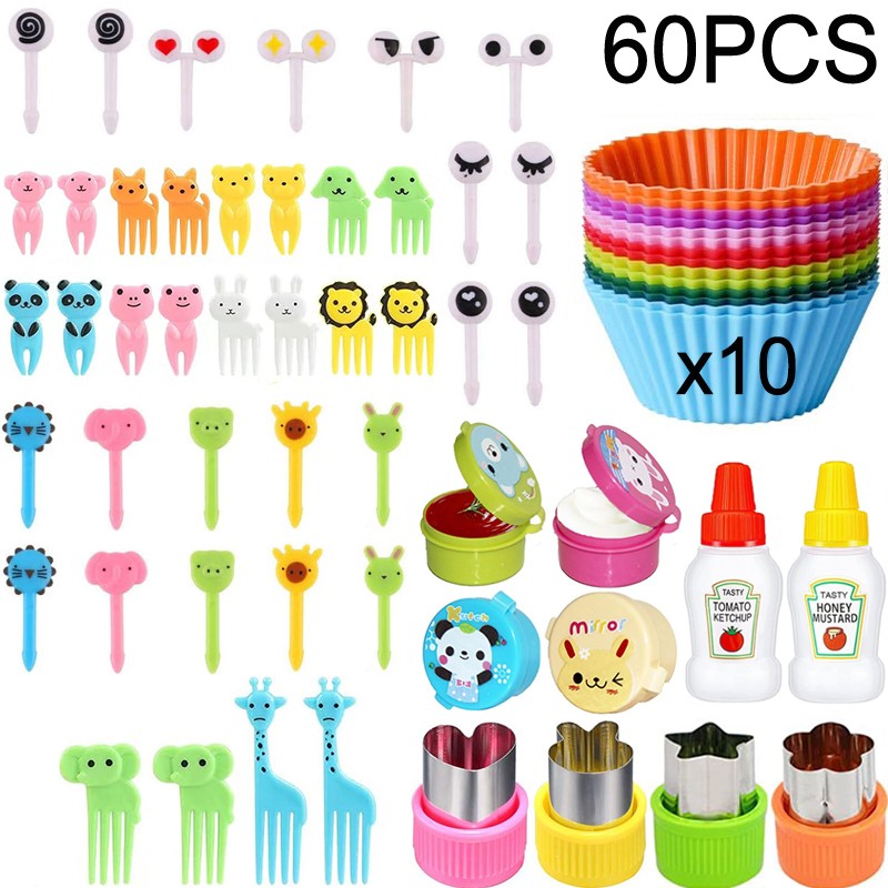 Mini Garfos de Fruta para Crianças Animais Fofos Palitos para Lanches com Cortador de Vegetais Conjunto de Divisórias de Silicone para Lancheira
