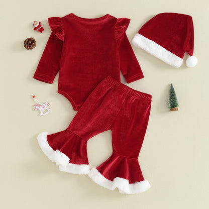 Infant Baby Girl Christmas Jumpsuit Outfits Letter Print Long Sleeve Romper Flare Pants Hat Toddler Clothes 0-18M