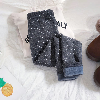 Girls Cotton Dot Print Leggings Autumn Winter Kids Fleece Warm Pants Baby Girl Slim Plus Thicken Trousers Children Clothes