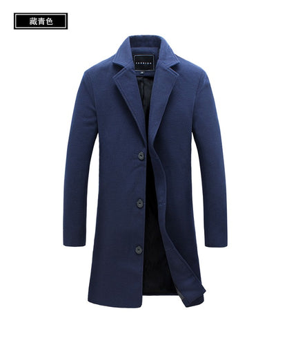 2025 Autumn Winter New Wool Men Long Cotton Coat Blend Pure Color Casual Business Fashion Slim Windbreaker Jacket Men Clothing