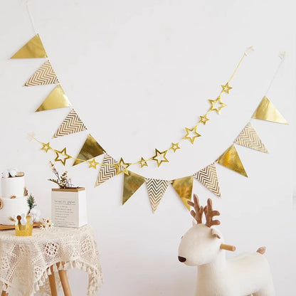 Gold Silver Paper Board Garland Banner Birthday Party Decoration Hollow Star Triangle Flag Wall Hanging Flags Photo Props Supply