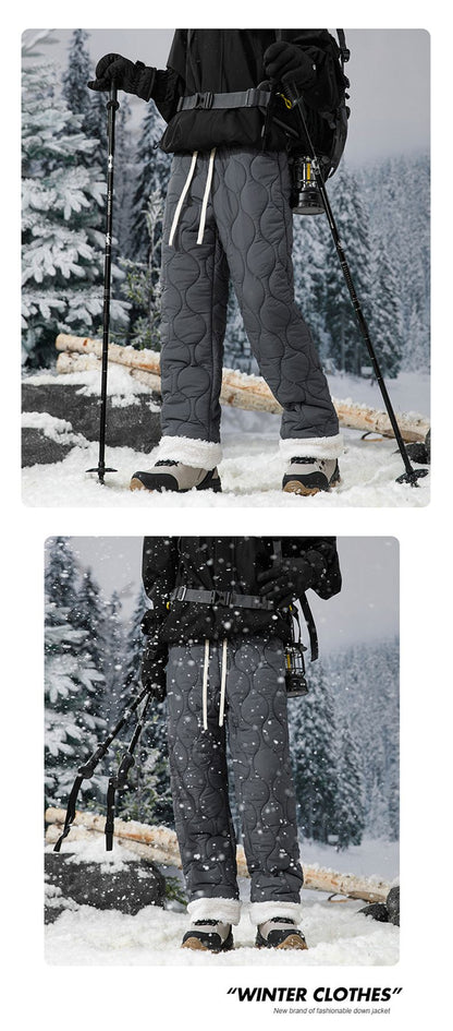 Calça de Neve Masculina, Marca de Moda, Grossa, À Prova de Vento, Quente, Veludo de Cordeiro, Calça Feminina Casual, À Prova de Frio, Acolchoada com Algodão e Penugem