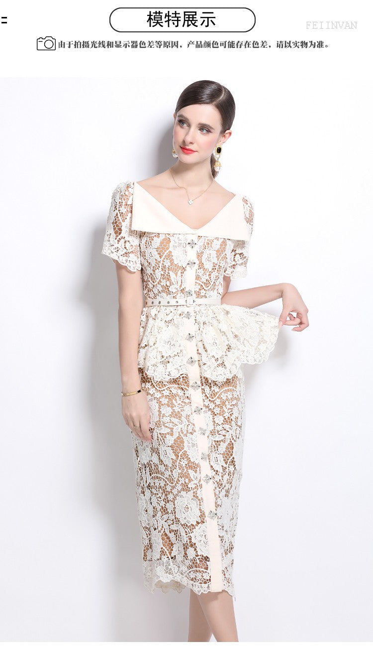 Quality Summer Beaded Diamonds Embroidery Beige White Lace Evening Dress Women S