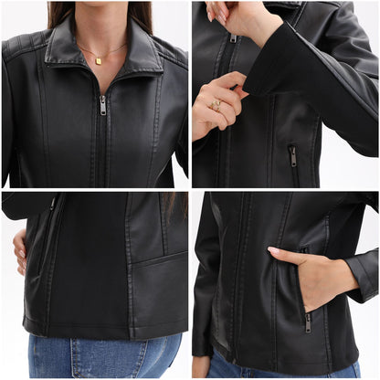 2025 Women’s Stylish Brown Faux Leather Jacket - Slim Fit, Trendy Moto Style with Zipper Detail PU Coat.