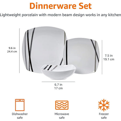 Amazon Basics 18 Piece Kitchen Dinnerware Set - Square Plates, Bowls, Service for 6 - Modern Beams