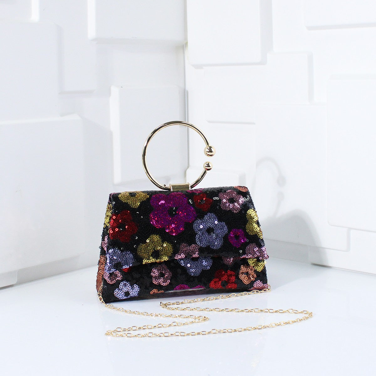 Metal Top Handle Bags for Bridal Women Shiny Sequins Evening Handbag Colorful Flowers Party Clutch Purse Chain Shoulder Bags