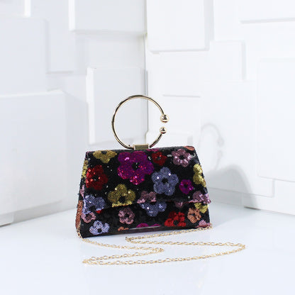 Metal Top Handle Bags for Bridal Women Shiny Sequins Evening Handbag Colorful Flowers Party Clutch Purse Chain Shoulder Bags