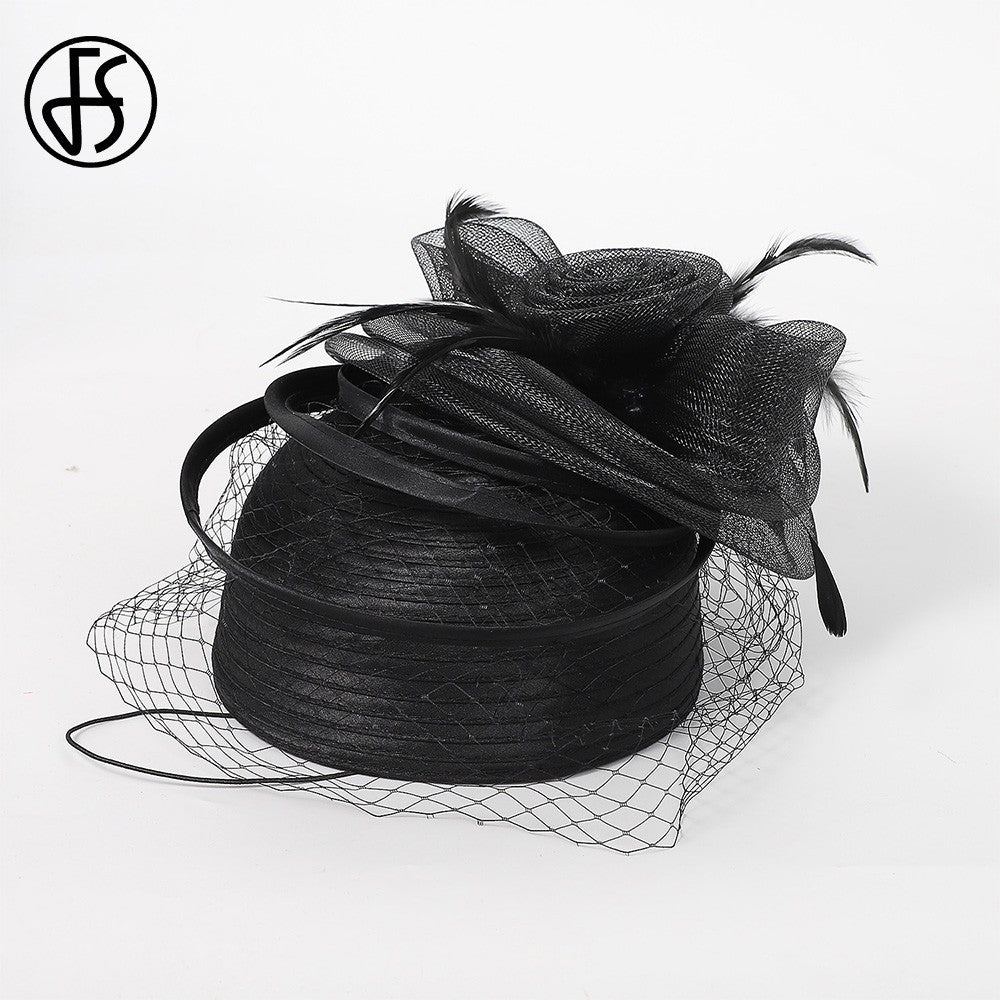 FS Casamento Igreja Chapéus Vermelhos Fascinadores Para Mulheres Com Véu de Pena Festa Coquetel Adorno de Cabeça 2025 Senhora Elegante Chapéu Kentucky Derby
