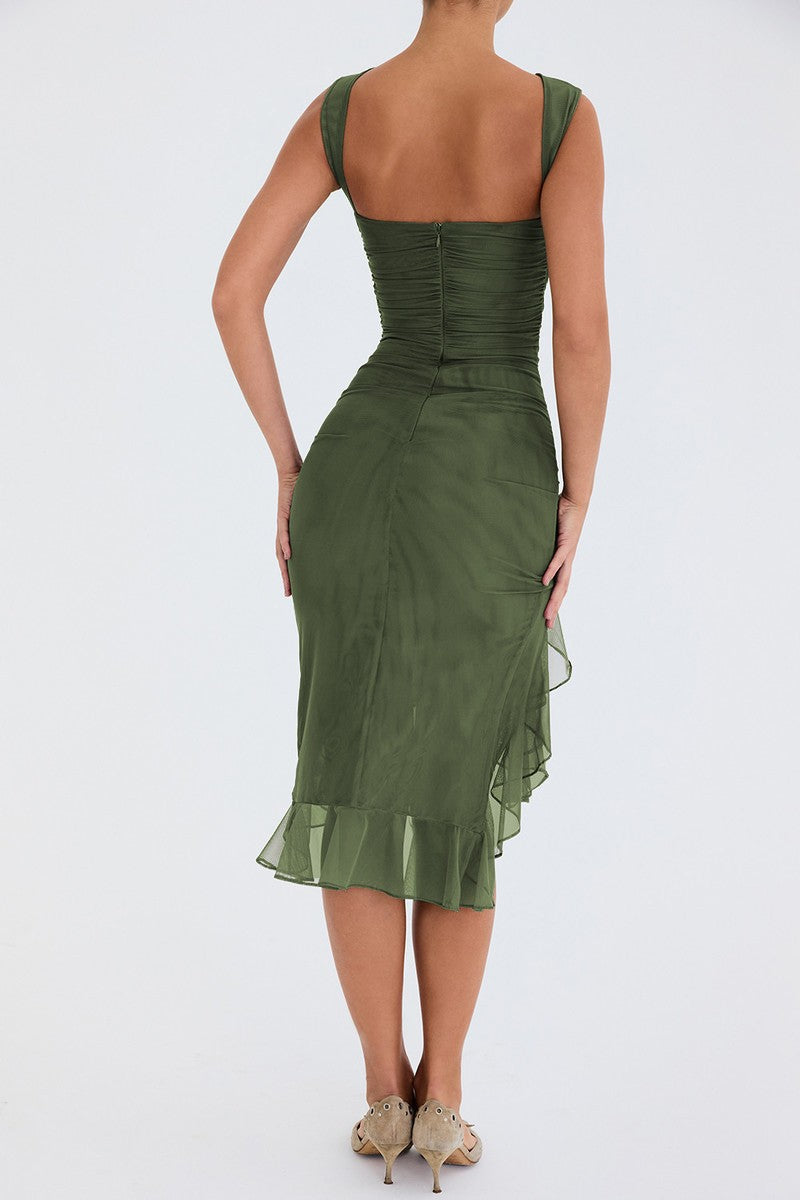 Mozision Elegant Ruffle Ruched Midi Dress For Women Robe Summer New Backless Sle