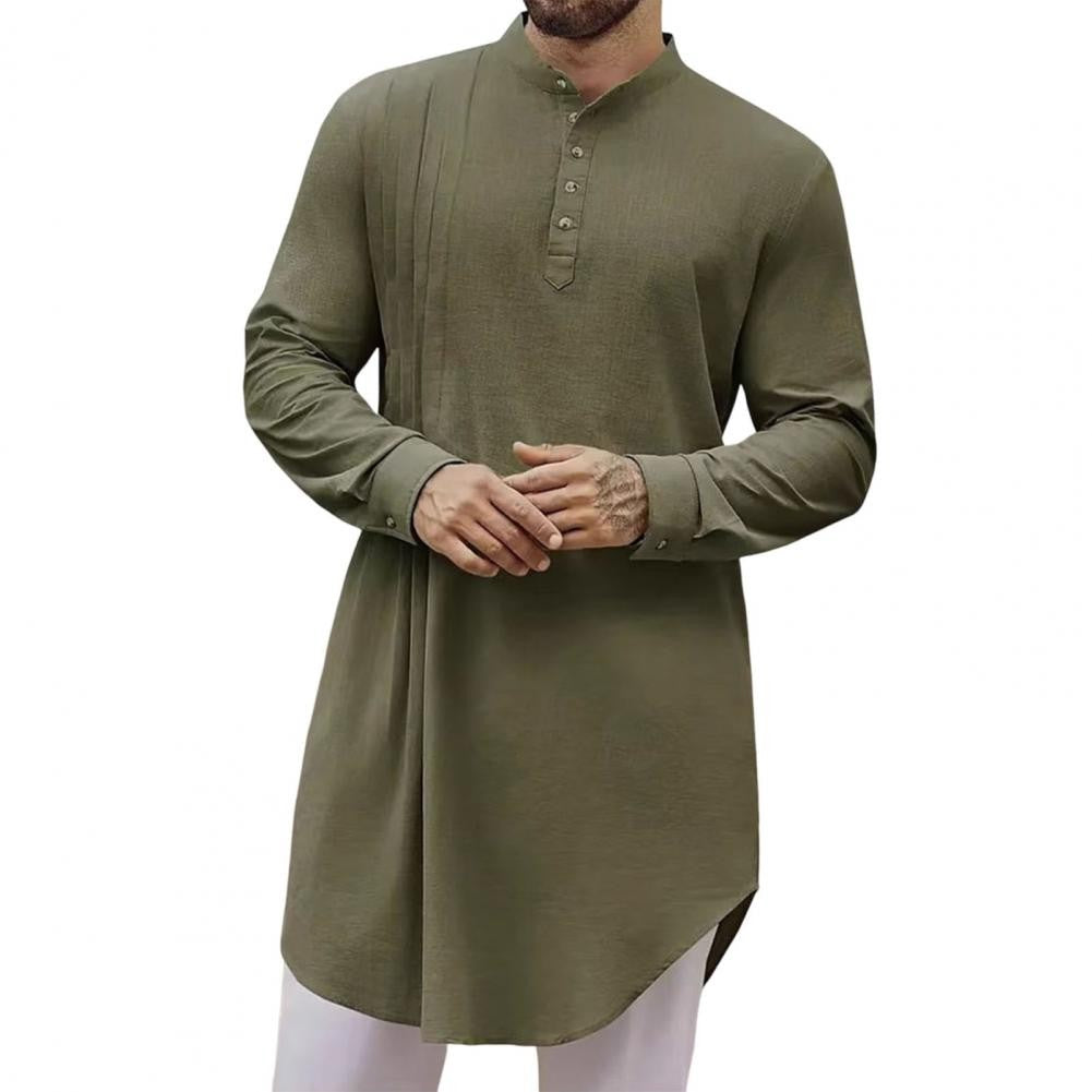 Men's Cotton Linen Kaftan Robe – Long Sleeve Button-Up Thobe for Prayer, Casual & Arabic Style | Breathable & Comfortable