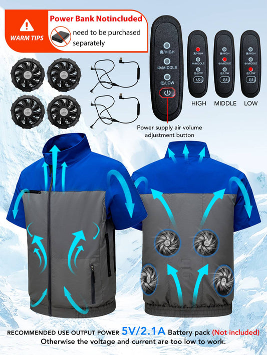 Short sleeved 4-hole fan suit?Three speed air volume regulation?With 4 fans,9-blade high-power fan?High air volume