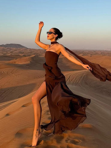 Fashion Strapless Ribbon Mesh Patchwork Maxi Dress Elegant Sleeveless Backless V
