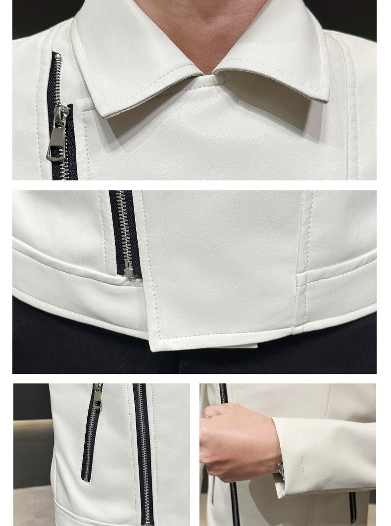 Autumn Men's Green Lapel PU Jacket, Black Faux Leather Motorcycle Coats, Coffee-Brown Casual Top, Asian Sizes Fit Slim Cut.