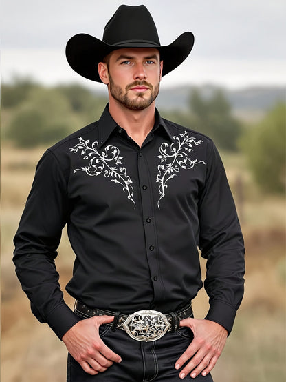2025 Men's Tribal Pattern Long Sleeve Men'S Black Western Cowboy Shirt Western Event Attire  Stylish Men'S Shirt Slim Fit Shirt