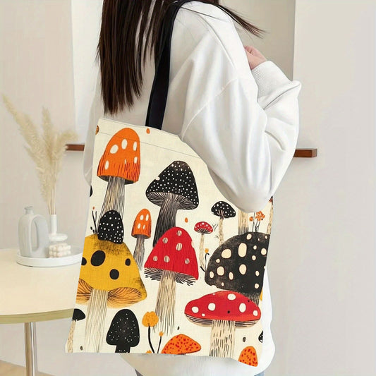 Chic Mushroom Print Canvas Tote Bag - Spacious & Durable Shoulder Bag for Shopping
