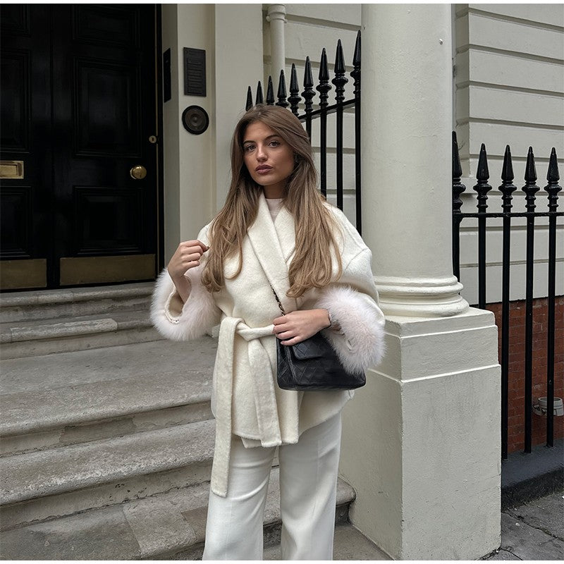 Lace-Up Short Overcoat Women's Coat Office Lady Elegant Woolen Furry Patchwork Long Sleeve Coats 2025 New Loose Cardigan Jackets