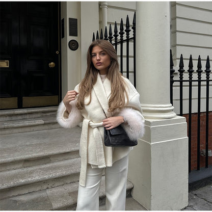 Lace-Up Short Overcoat Women's Coat Office Lady Elegant Woolen Furry Patchwork Long Sleeve Coats 2025 New Loose Cardigan Jackets