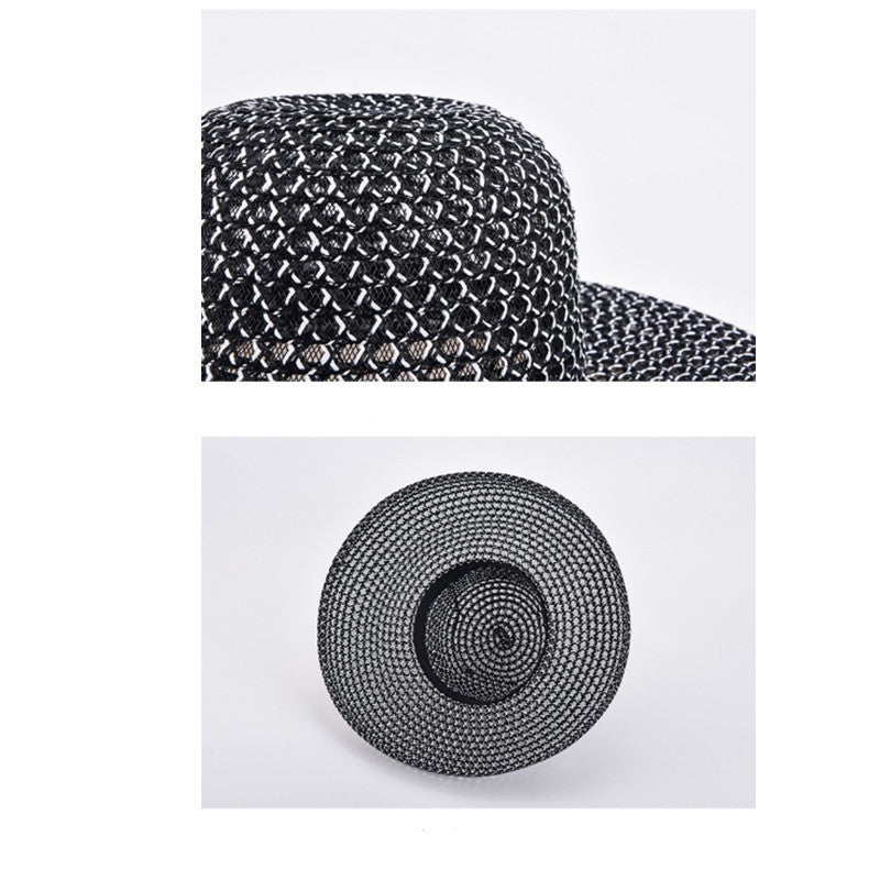 Chapéu de palha de verão PP preto e branco, chapéu de sol, protetor solar, férias, praia, abas largas, chapéu de sol de verão