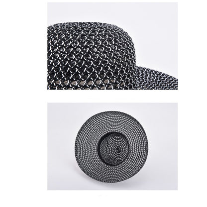 Chapéu de palha de verão PP preto e branco, chapéu de sol, protetor solar, férias, praia, abas largas, chapéu de sol de verão