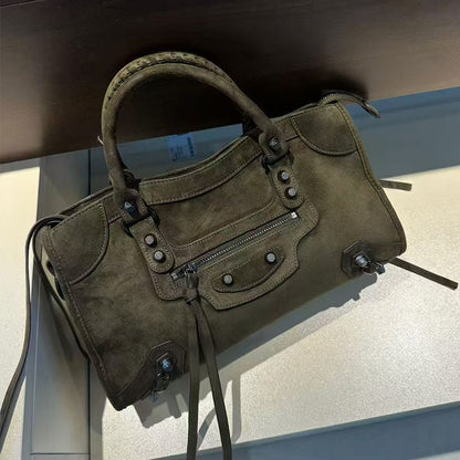 Retro suede motorcycle bag, women's city handbag, leather crossbody bag, single-shoulder armpit bag