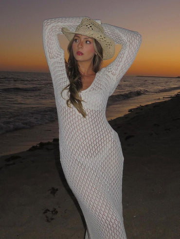 Sexy Women White Long Knit Sleeve Bikin Fashion Cover up Female See-Through Deep