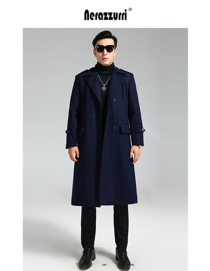 Nerazzurri Autumn Winter Long Elegant Luxury Chic Navy Blue Warm Woolen Coat for Men Double Breasted Wool & blends Overcoat 2023