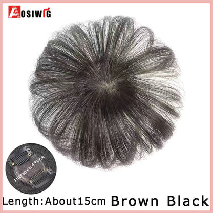 Perucas de cabelo encaracolado sintético AOSI castanho preto, substituição de extensões de cabelo tipo topete, apliques femininos com franja