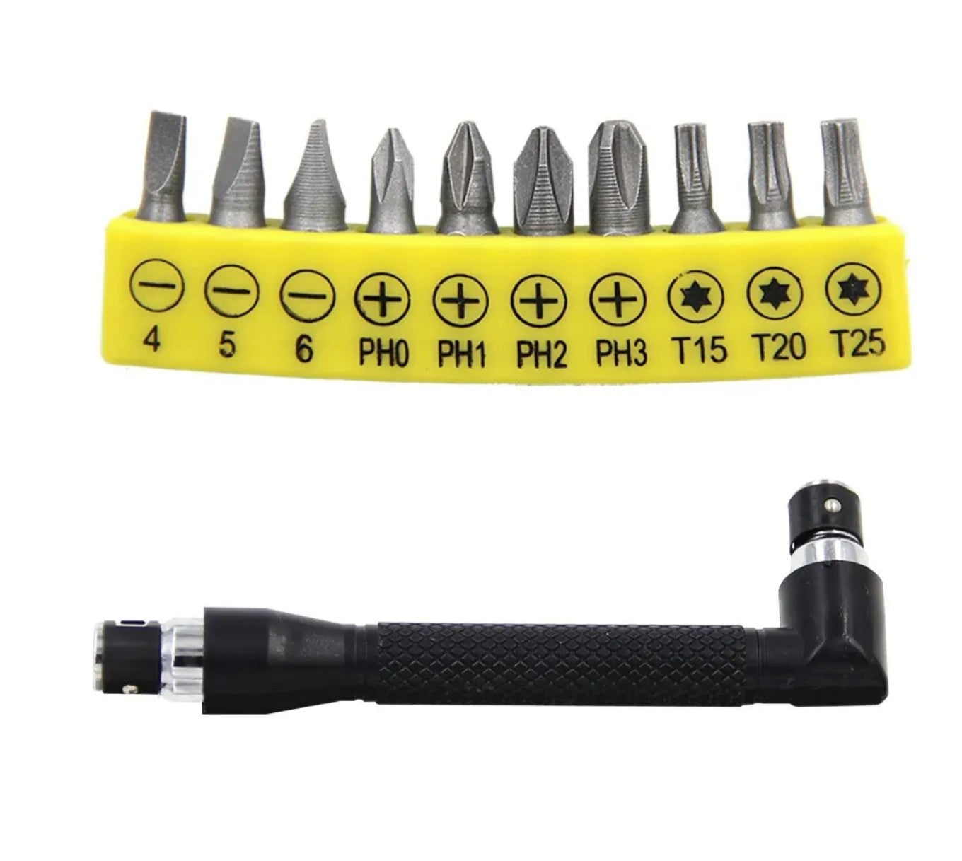 Chave de fenda hexagonal em L de 1/4 bits 90 graus de cabeça dupla preta 6,35 chave 10 peças fita amarela conjunto de ferramentas de chave de fenda