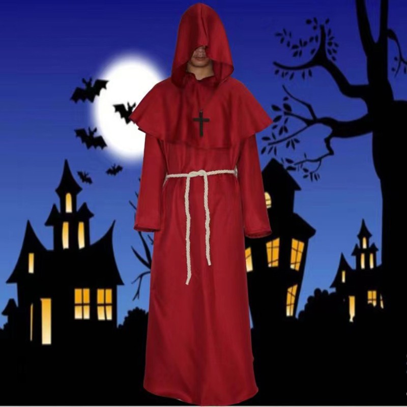 Halloween Wizard Cosplay Medieval Monk Hooded Robe Costume Mask Hat For Men Steampunk Priest Horror Masquerade Unisex Cloak Cape