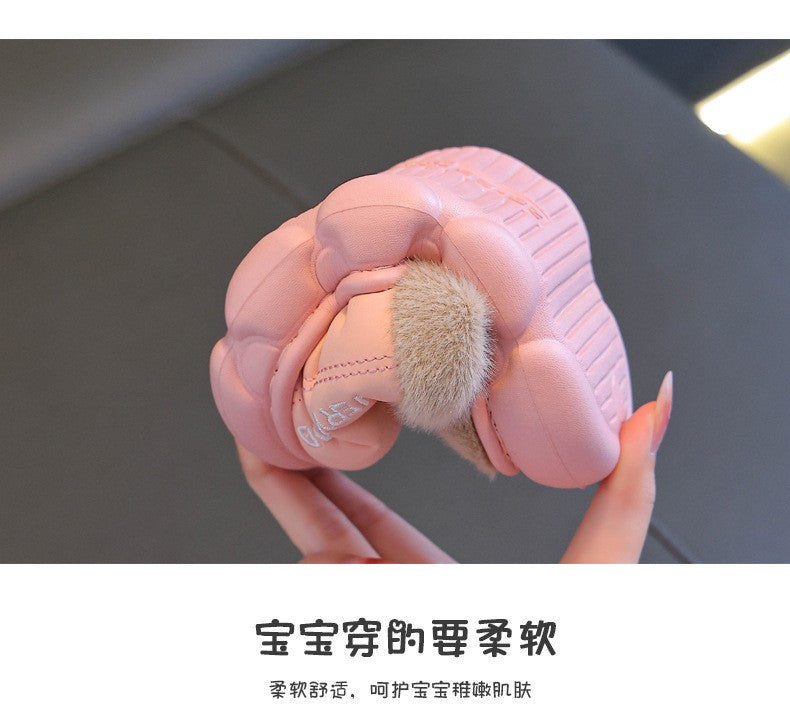 New Children's PU Leather Plush Slippers Soft Sole Non-slip Winter Warm Baby Boys Girls Indoor Home Cotton Shoes