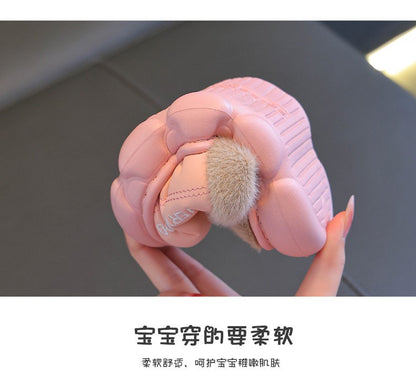 New Children's PU Leather Plush Slippers Soft Sole Non-slip Winter Warm Baby Boys Girls Indoor Home Cotton Shoes