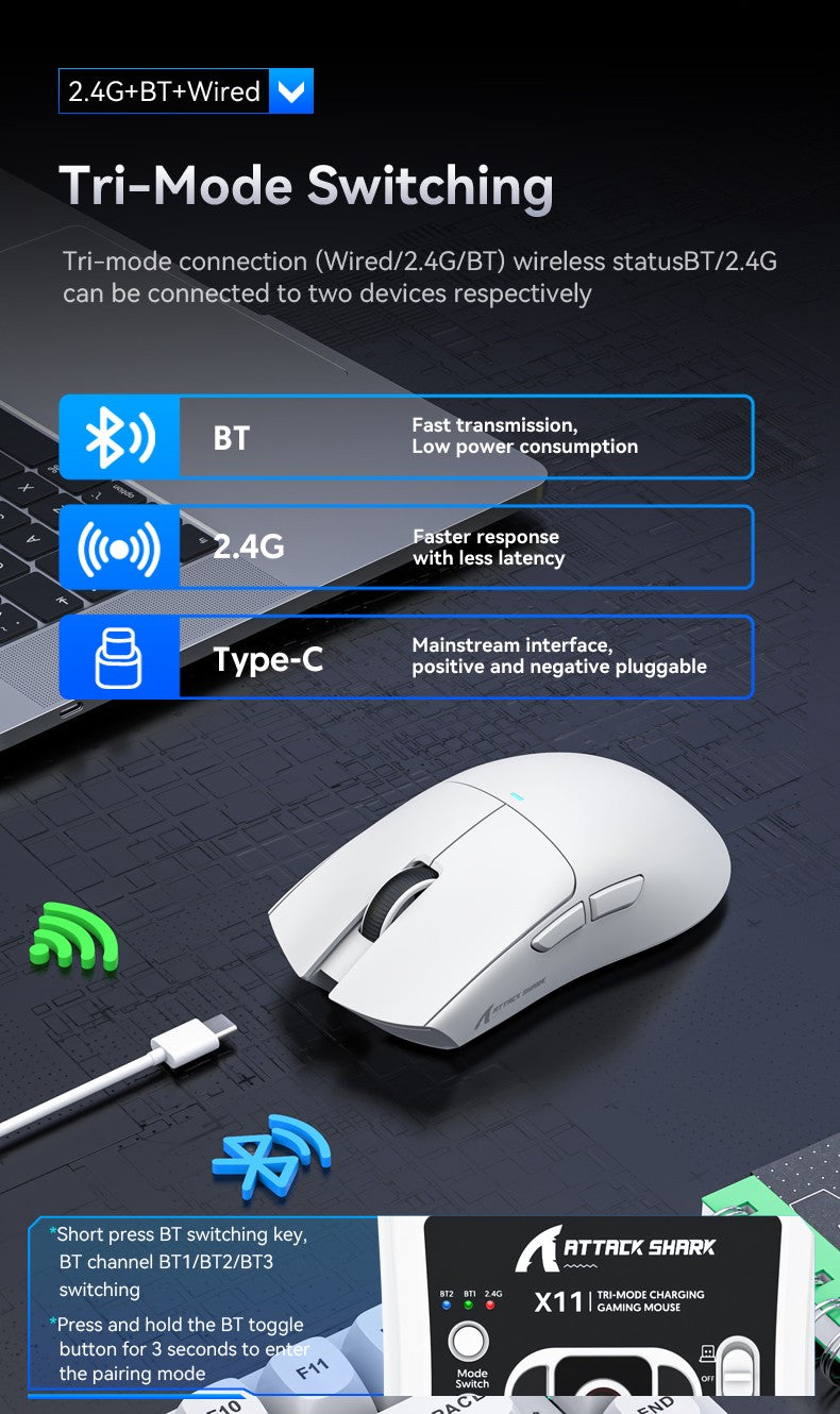 Mouse Gamer Sem Fio Attack Shark X11: 3 Modos (2.4GHz/Com Fio/Bluetooth), PAW3311, 22000DPI, 400IPS, Mouse Gamer para PC