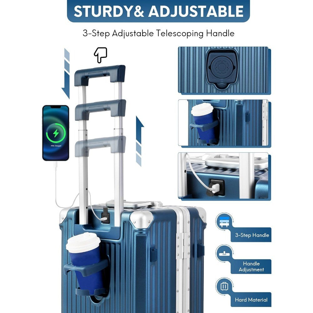 Gorgeous Gem-Blue 3/7 Split Opening Zipperless Aluminum Frame Suitcase, Higher Volume 22x14x9, Airline Approved Carry-On Luggage