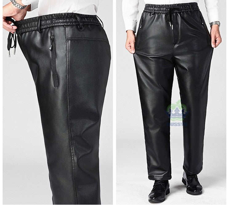 OUSSYU Brand High Quality Winter Outdoors Fleece Warm Pants Men Zippered Pocket Business Straight Flocking PU Trousers Plus Size